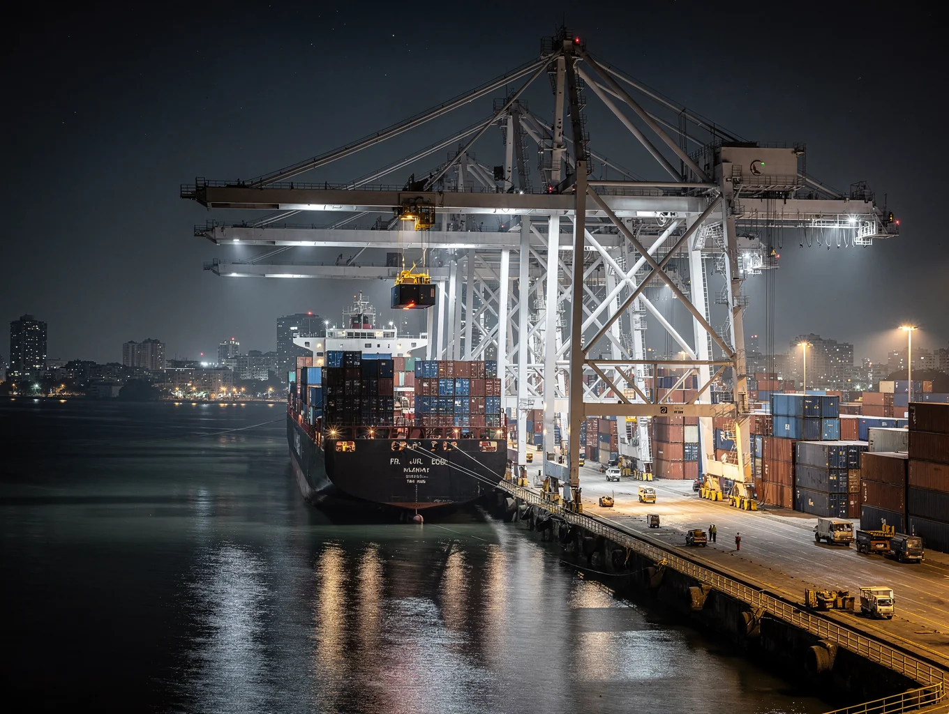 Heavy industrial gantry loading steel cargo at export maritime terminal